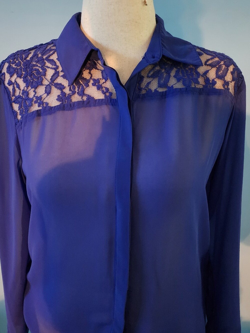 Olsenboye Royal Blue Lace-Yoke Sheer Button-Down